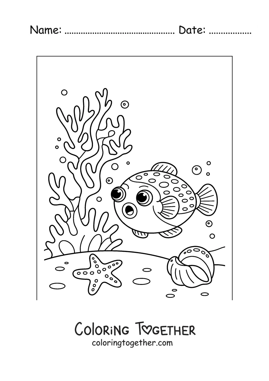 Coloring page of a pufferfish among corals