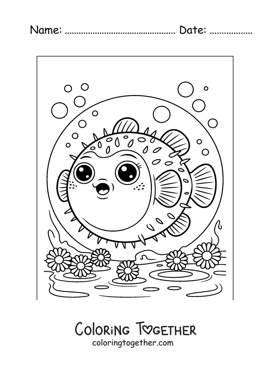 Coloring page of a pufferfish among sea flowers