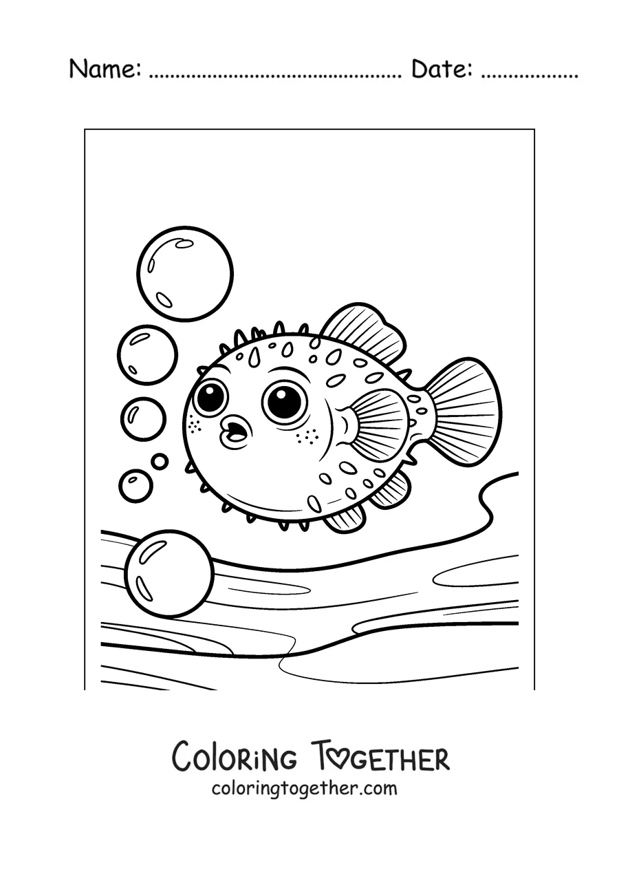 Coloring page of a pufferfish blowing bubbles