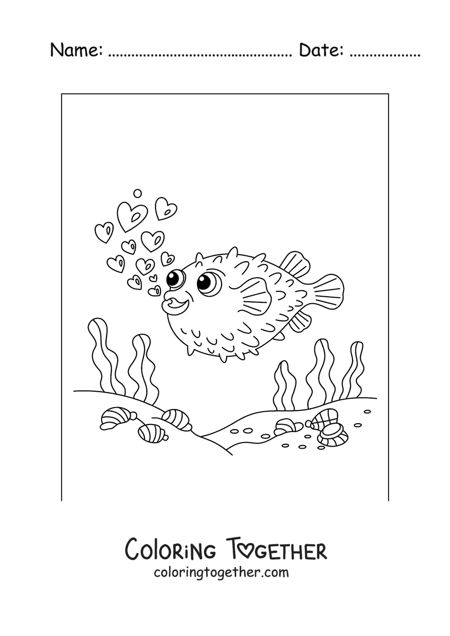Coloring page of a pufferfish blowing hearts