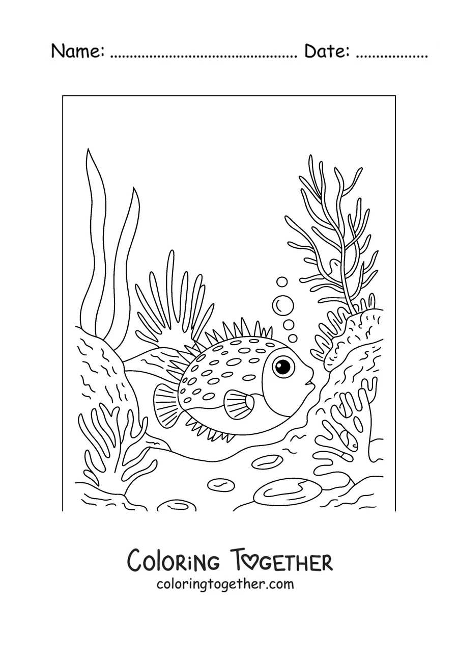 Coloring page of a pufferfish in the coral reef
