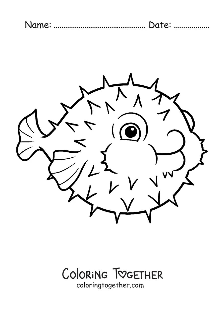 Coloring page of an inflated pufferfish with spikes