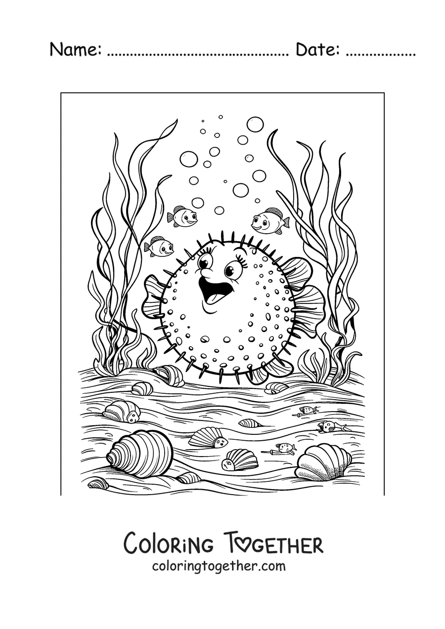 Coloring page of a pufferfish on the seabed