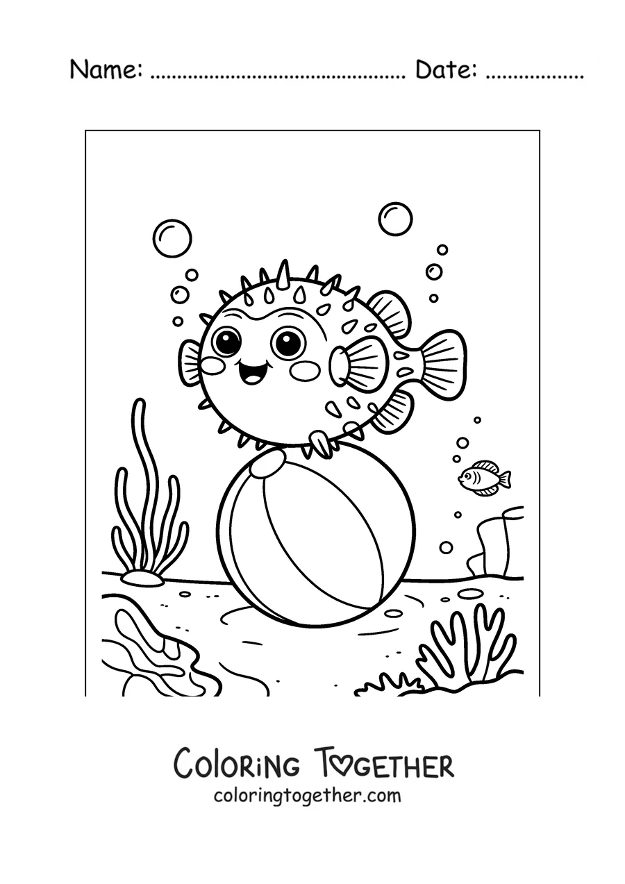 Coloring page of a pufferfish playing with a beach ball