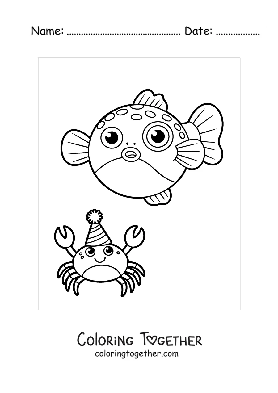 Coloring page of a pufferfish with a crab