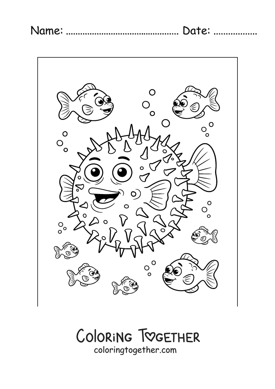 Coloring page of a pufferfish swimming with small fish