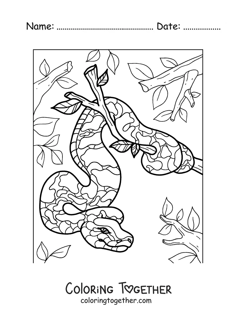 Coloring page of a python hanging from a tree