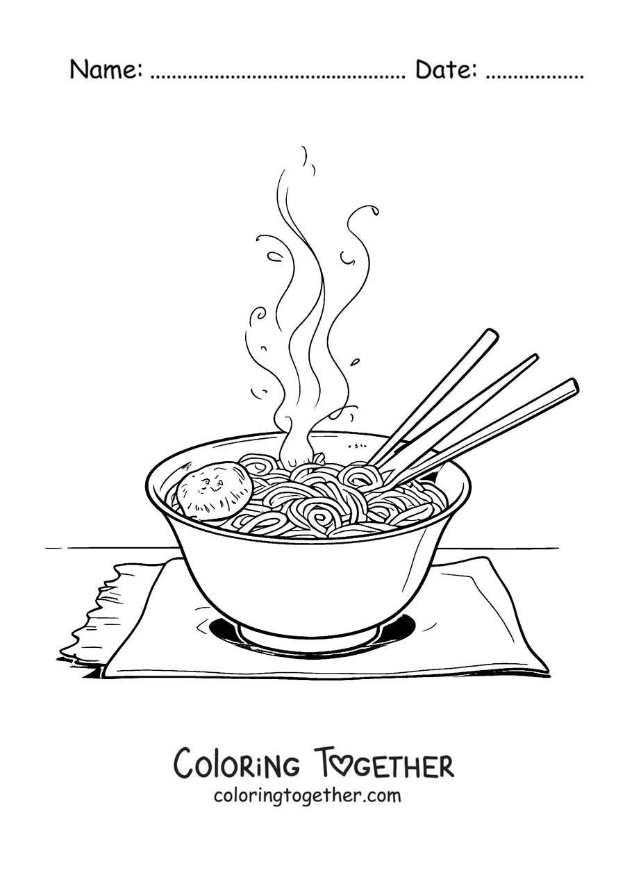 Coloring page of a bowl of ramen with chopsticks and steam