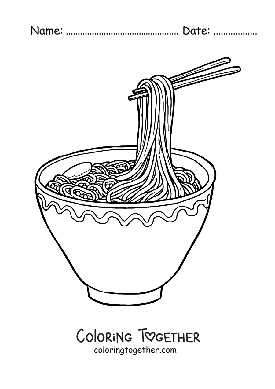 Coloring page of chopsticks lifting noodles from a bowl of ramen