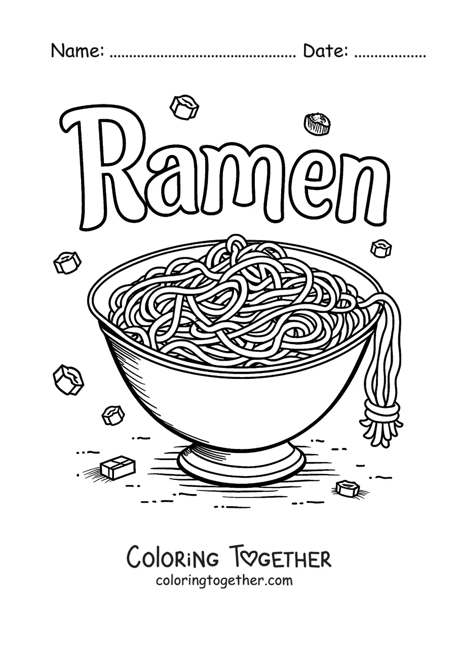 Coloring page with the word Ramen in bubble letters and a bowl of noodles
