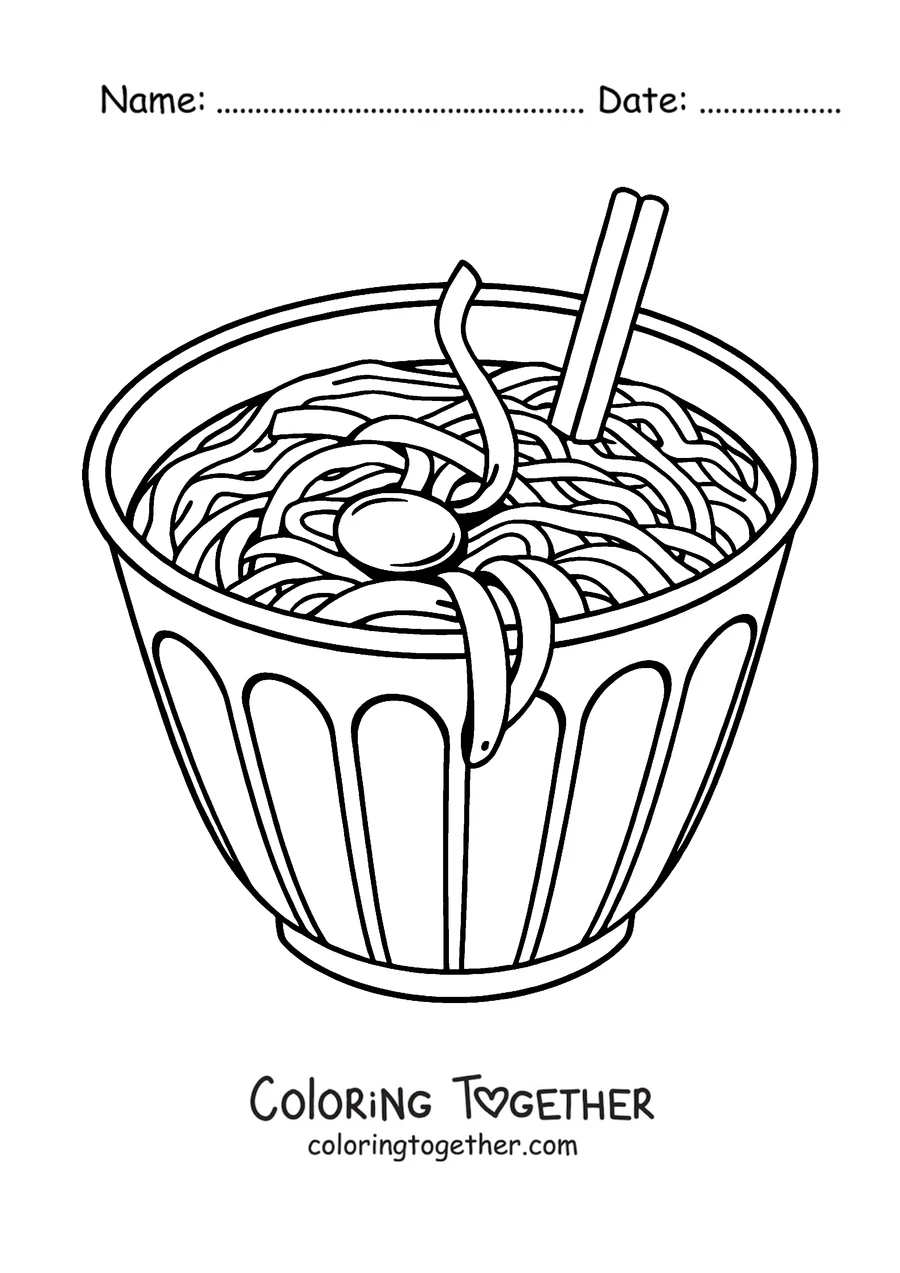 Coloring page of a cup of ramen noodles with a chopstick