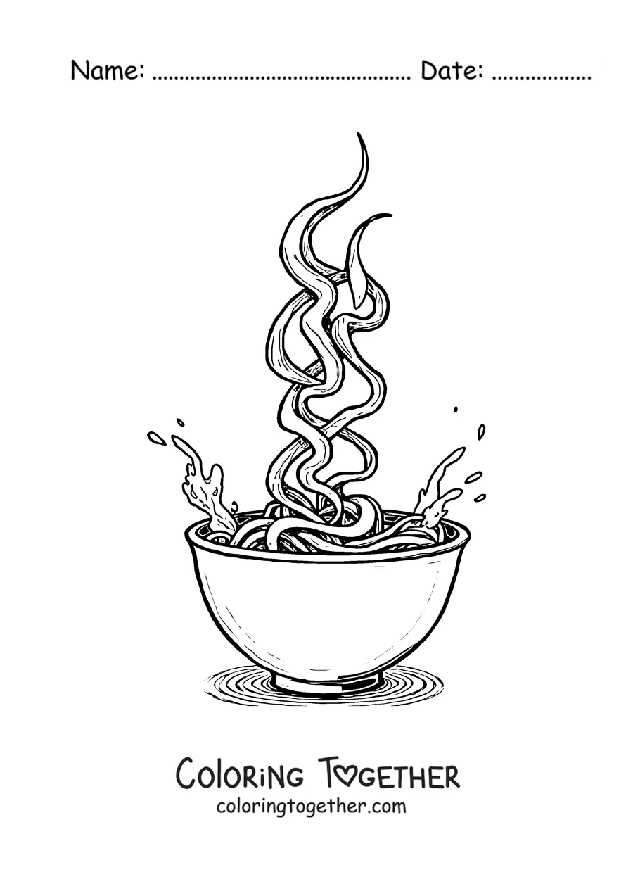Coloring page of a bowl of ramen with noodles and swirling steam