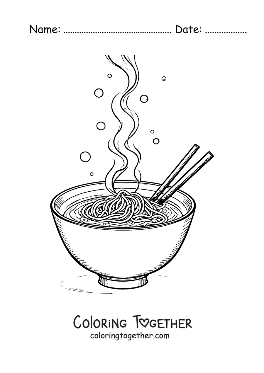 Coloring page of a steaming bowl of ramen with resting chopsticks