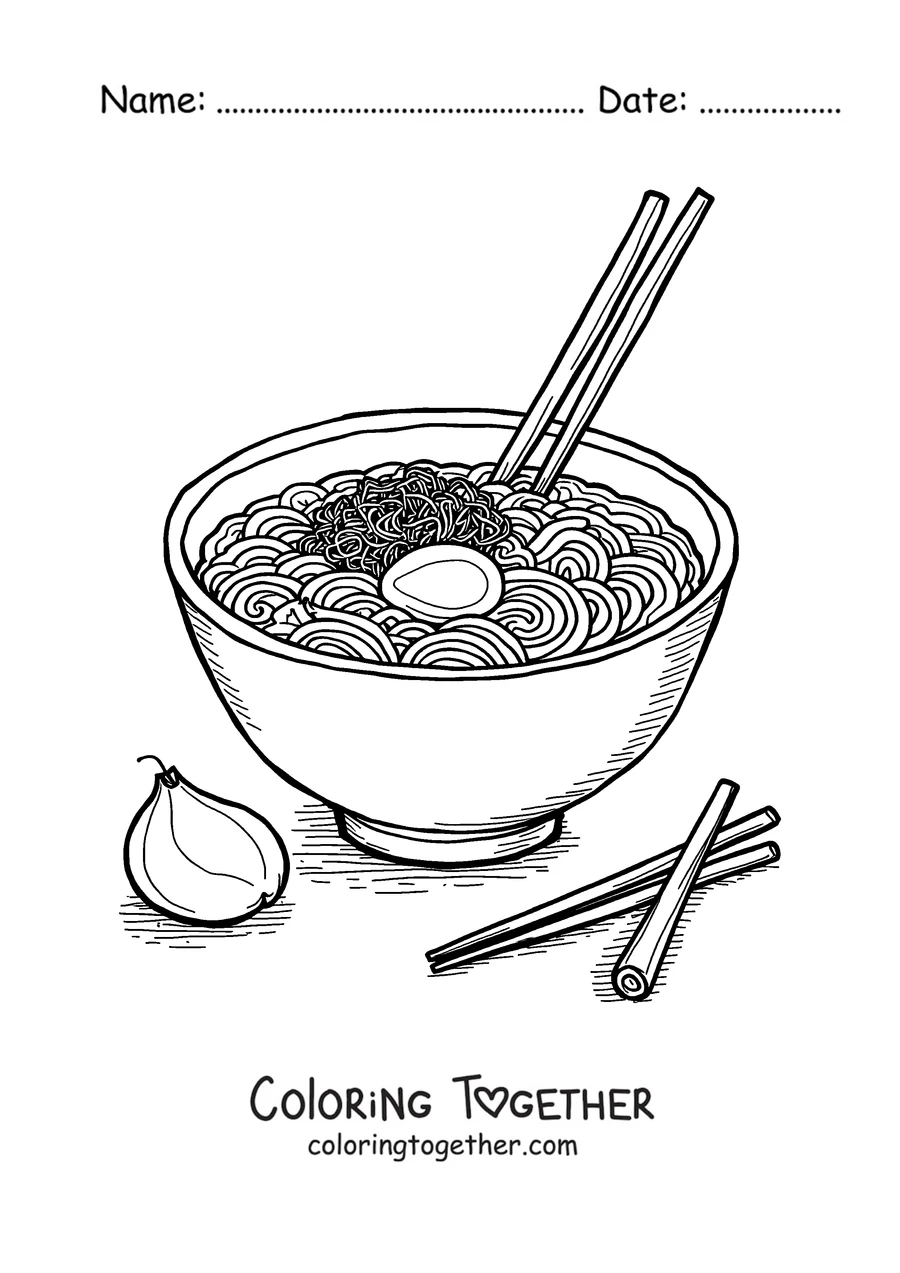 Coloring page of a bowl of ramen with egg, noodles and chopsticks
