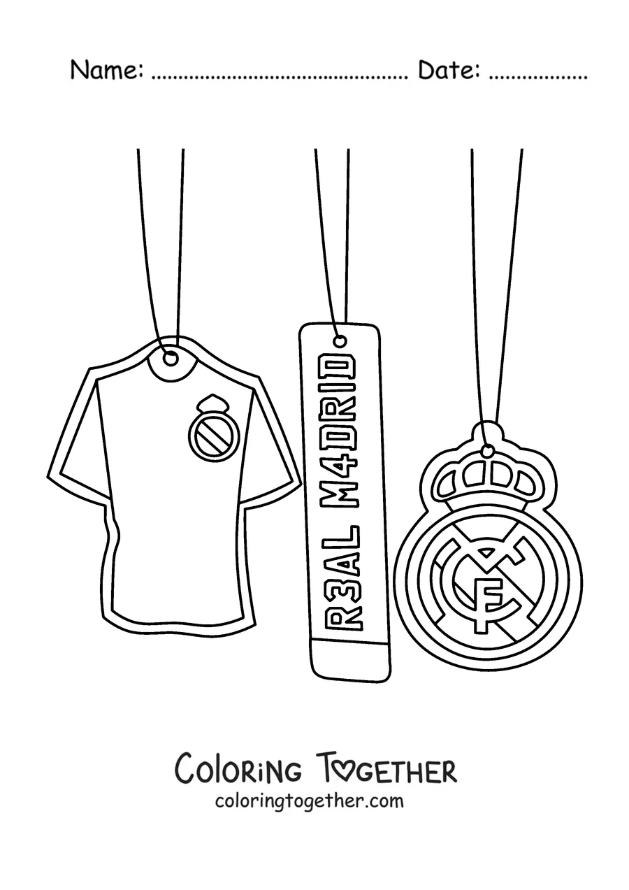 Coloring page of three Real Madrid pendants: a shirt, a tag and the crest