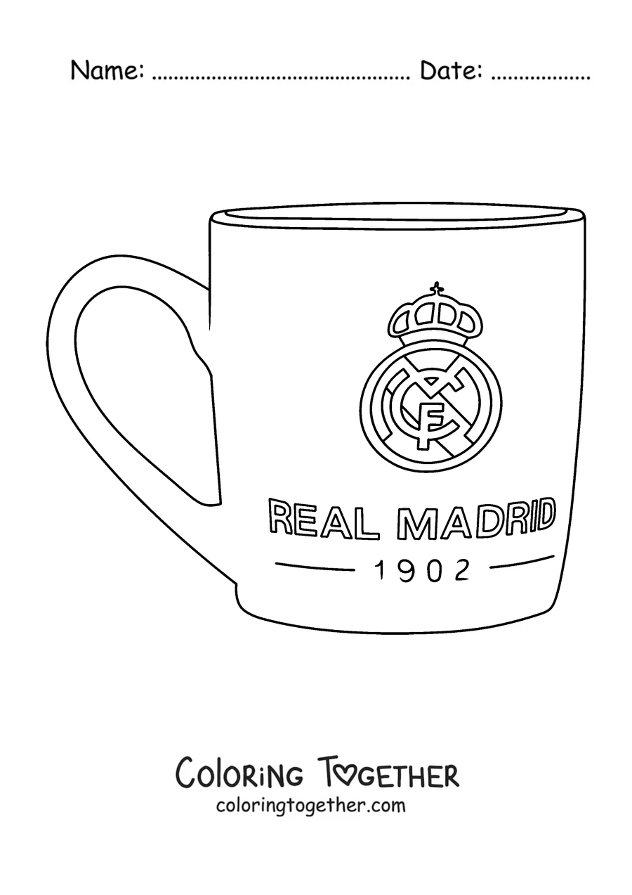 Coloring page of a mug with the Real Madrid crest and the year 1902