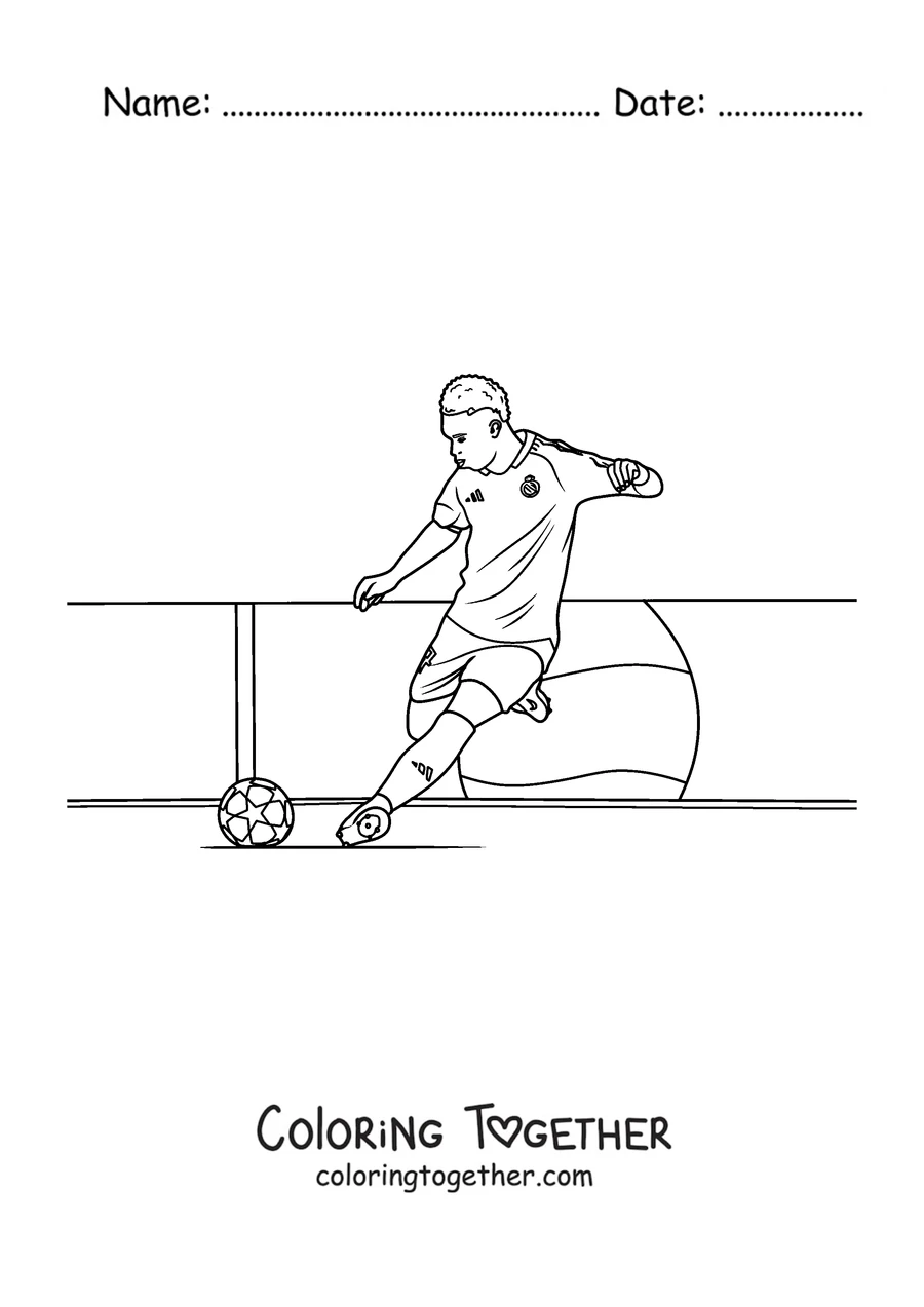Coloring page of a Real Madrid player controlling the ball