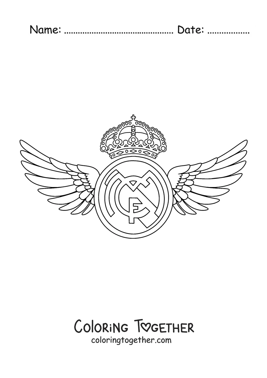 Coloring page of the Real Madrid crest with large wings on each side