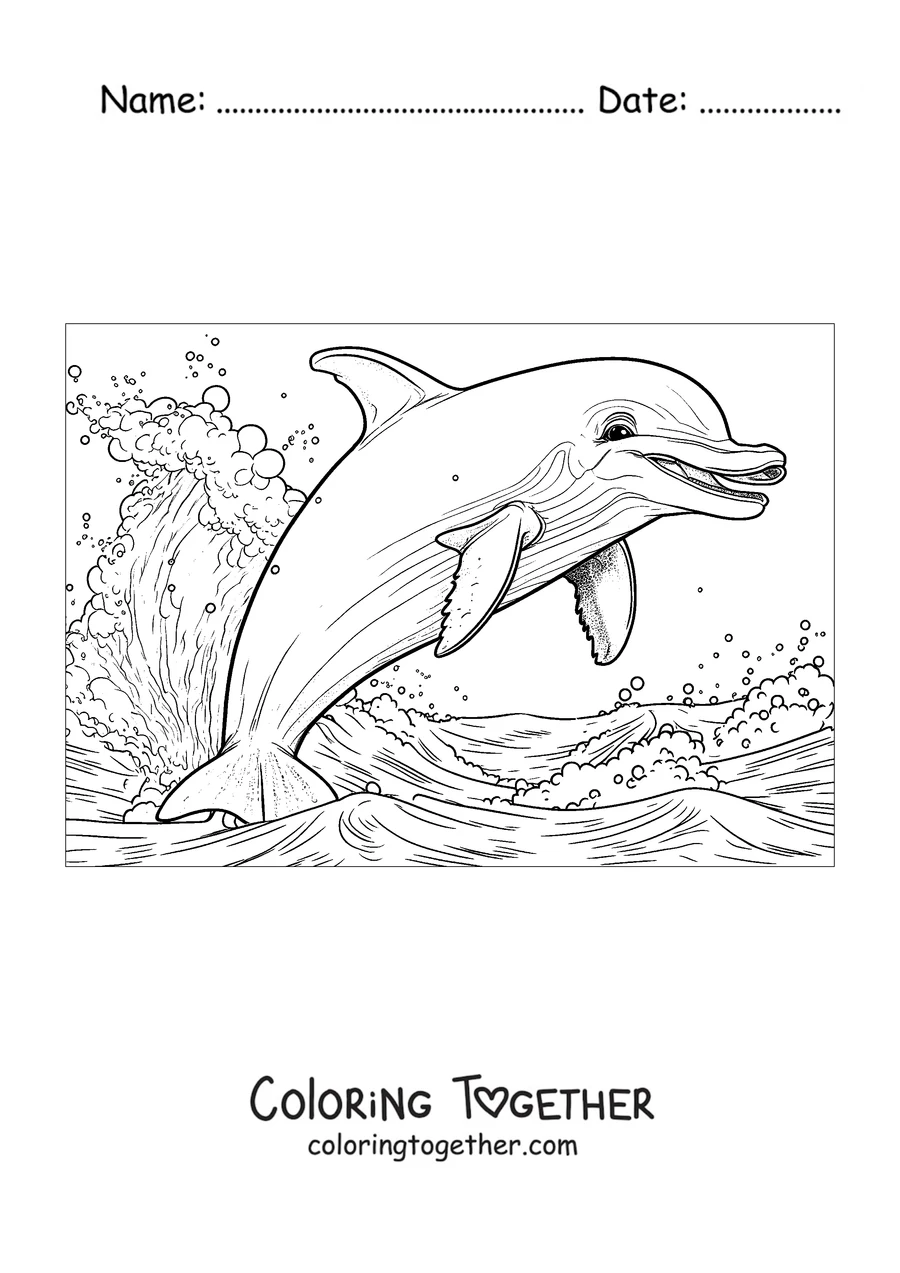 Coloring page of a realistic dolphin leaping among the waves