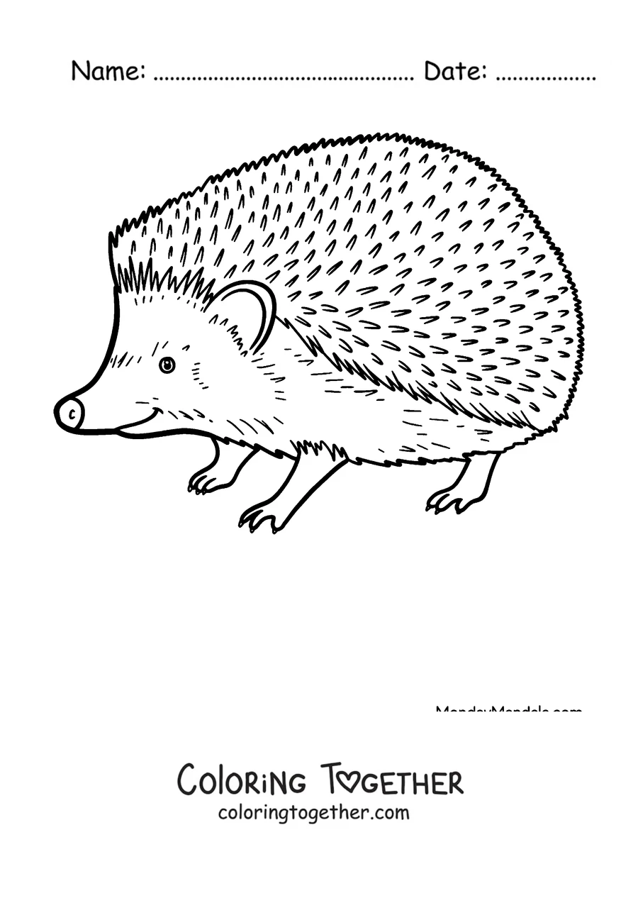 Coloring page of a realistic hedgehog walking in profile