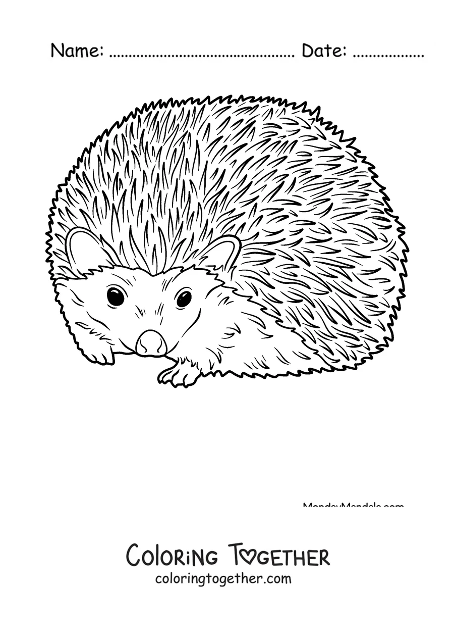 Coloring page of a realistic hedgehog with its spines raised