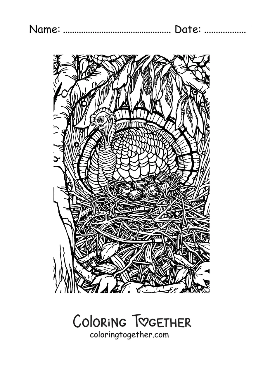 Coloring page of a realistic turkey standing in the grass
