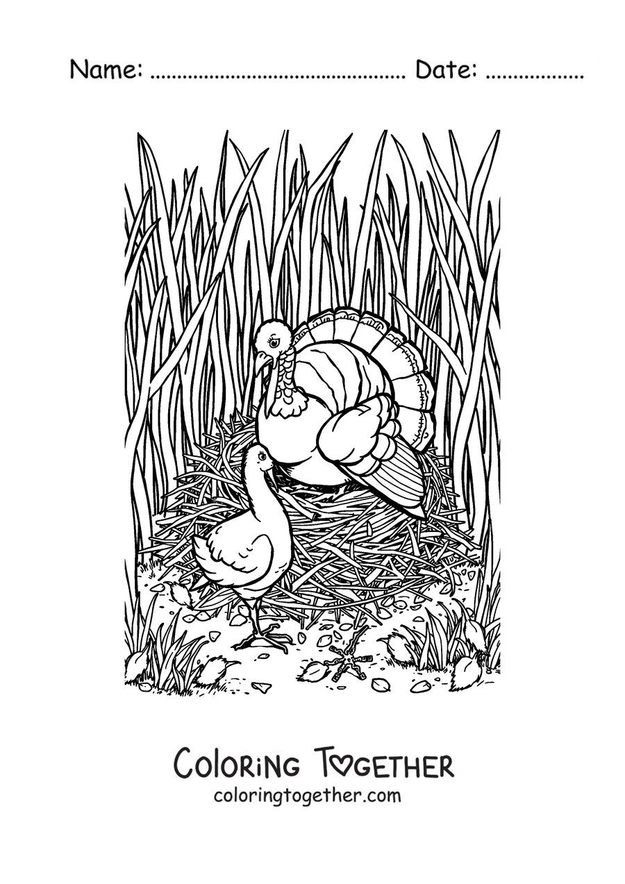 Coloring page of a realistic turkey walking through the grass