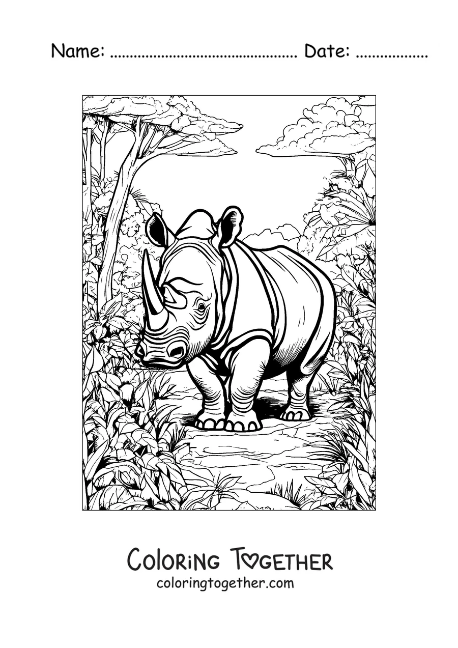 Coloring page of a rhino strolling through the jungle