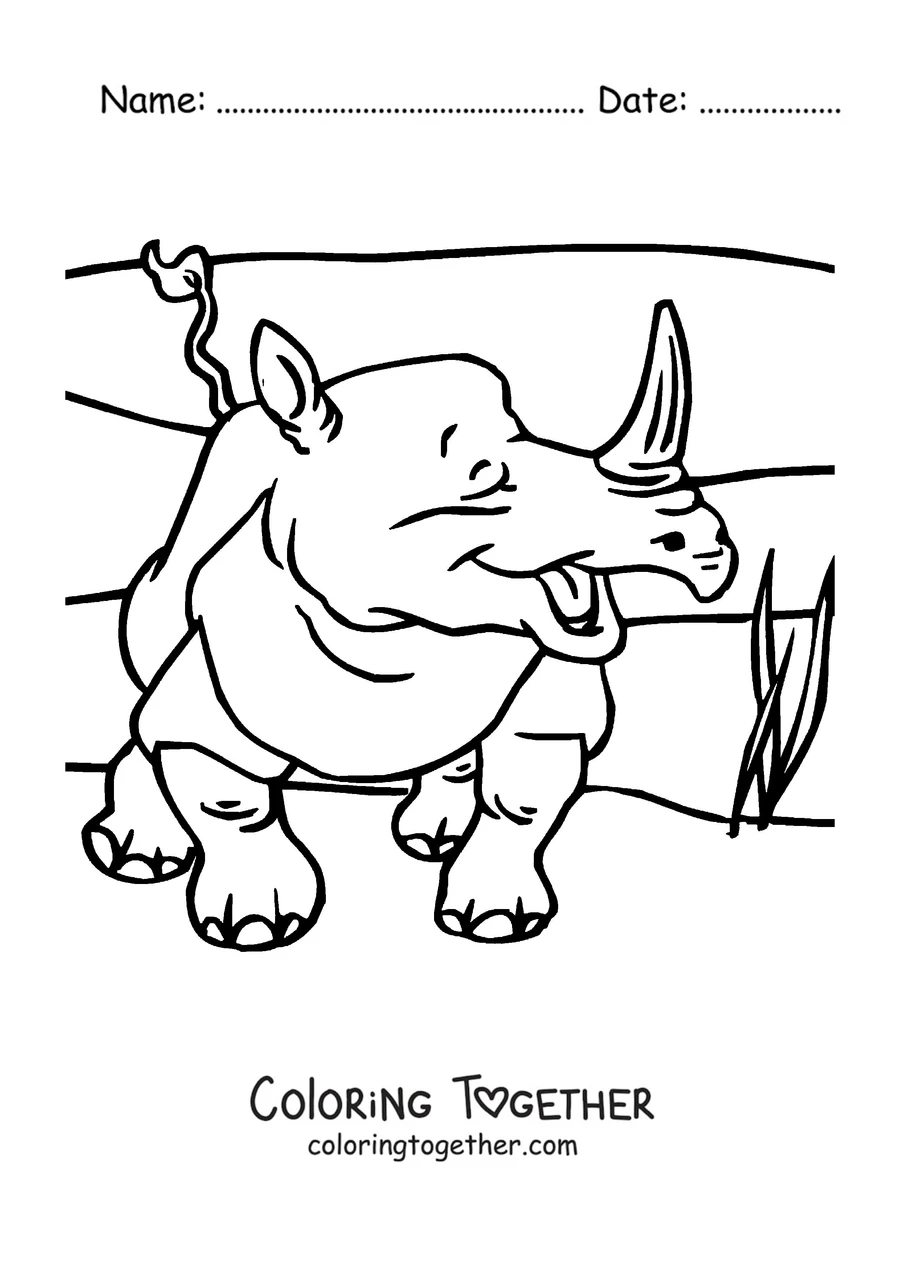 Coloring page of a rhino walking through the grass