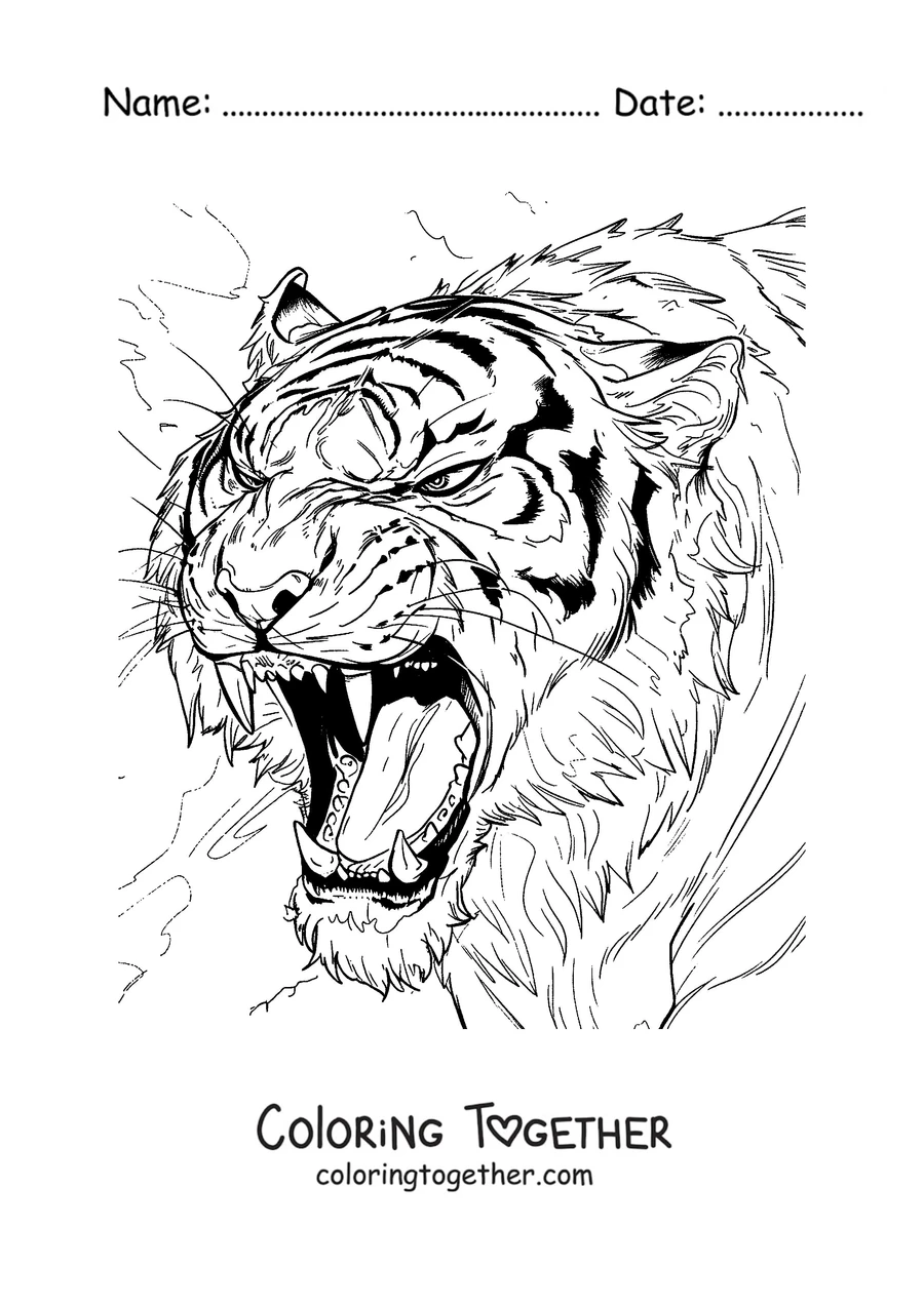 Coloring page of a roaring tiger head