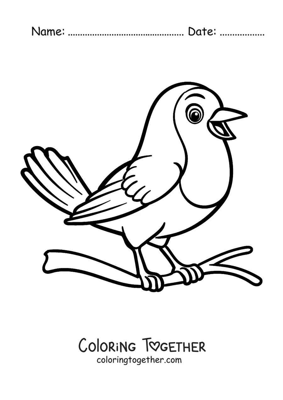 Coloring page of a robin singing with its beak open