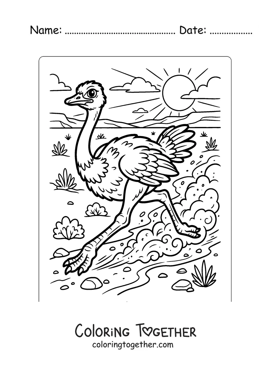 Coloring page of an ostrich running across the desert