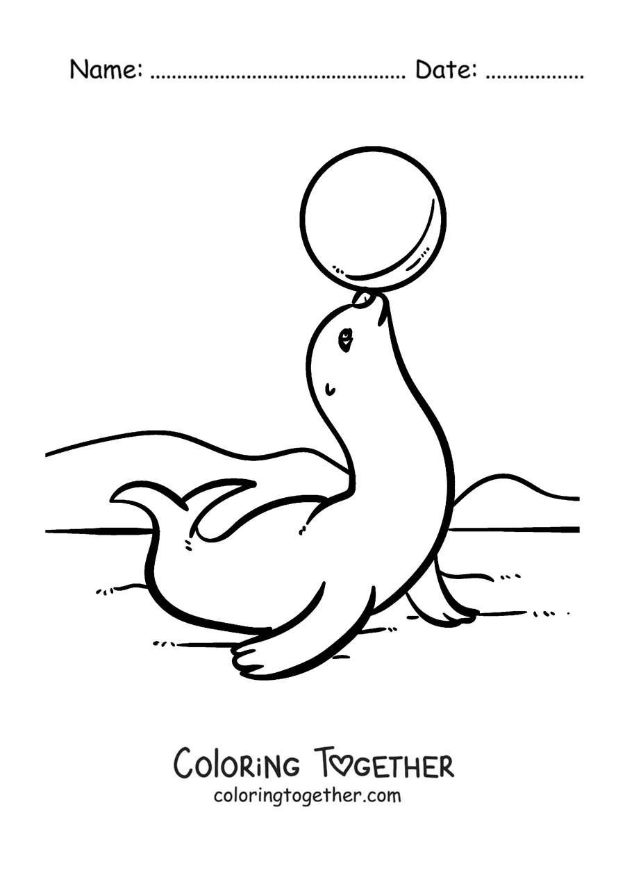 Coloring page of a seal balancing a ball on its nose