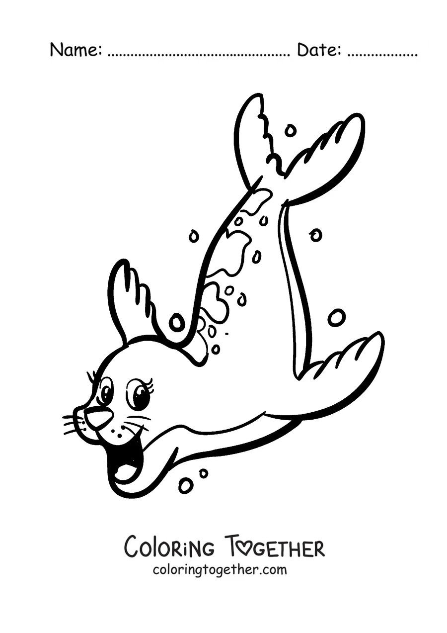 Coloring page of a seal diving among bubbles