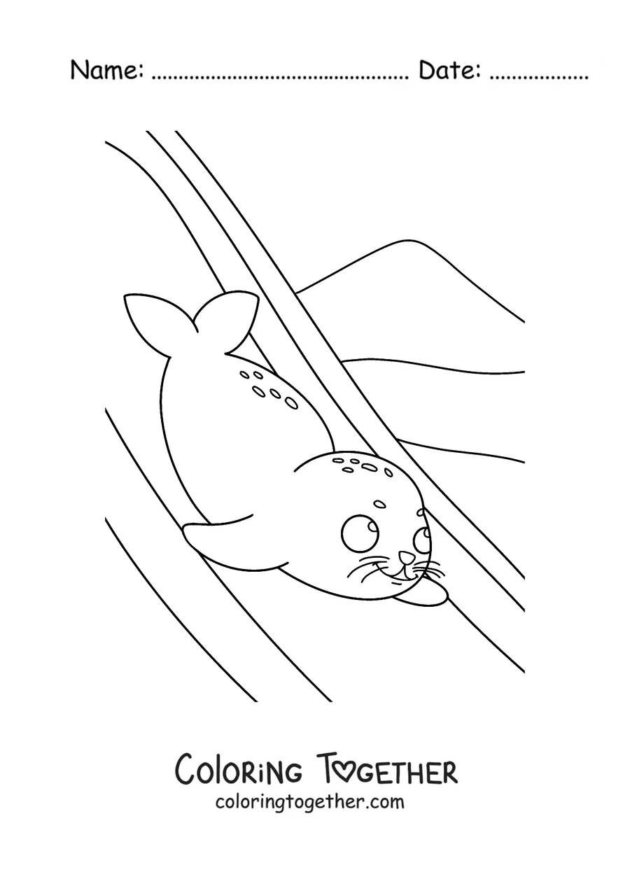 Coloring page of a seal sliding on the snow