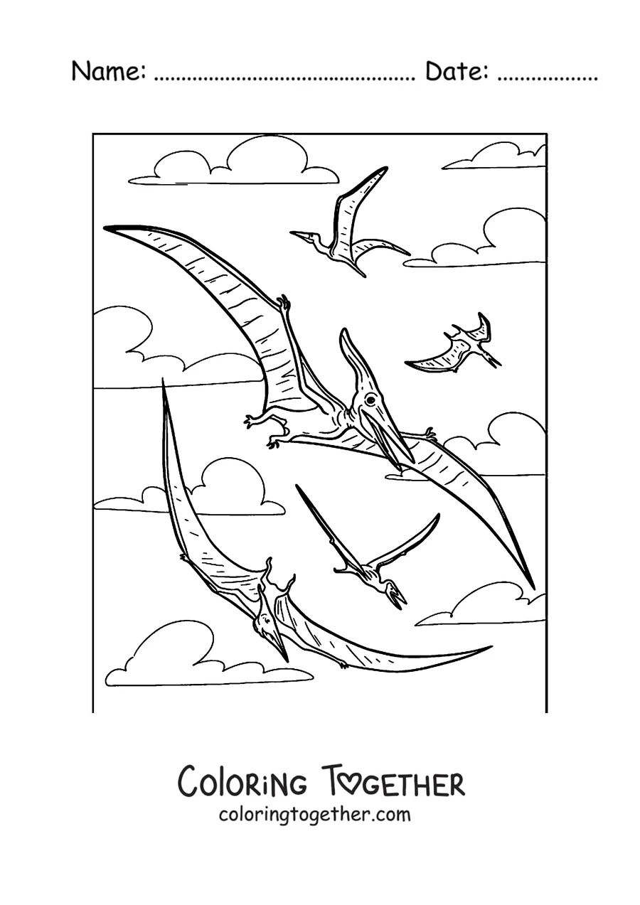 Coloring page of several pterodactyls flying together in the sky