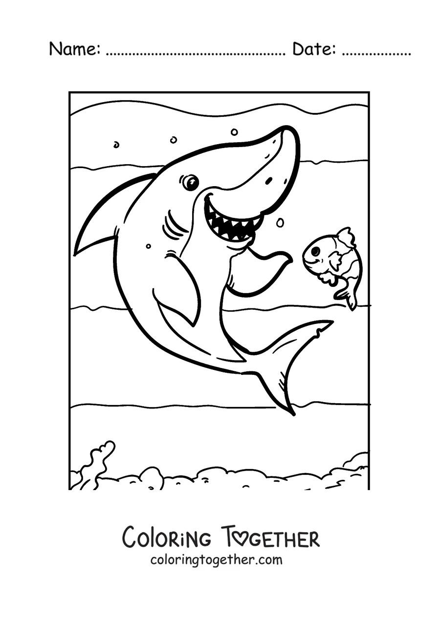 Coloring page of a shark swimming next to a little fish