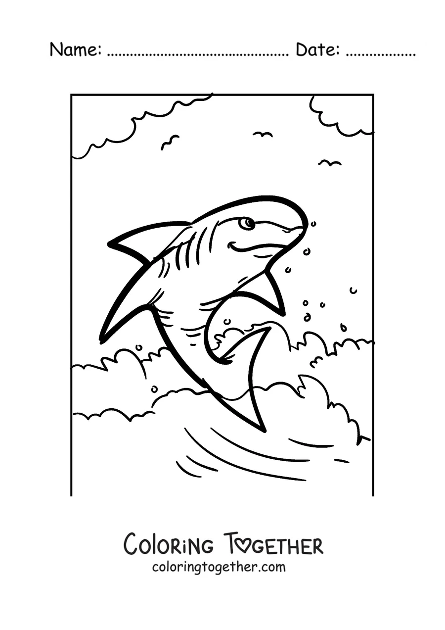 Coloring page of a shark leaping out of the water