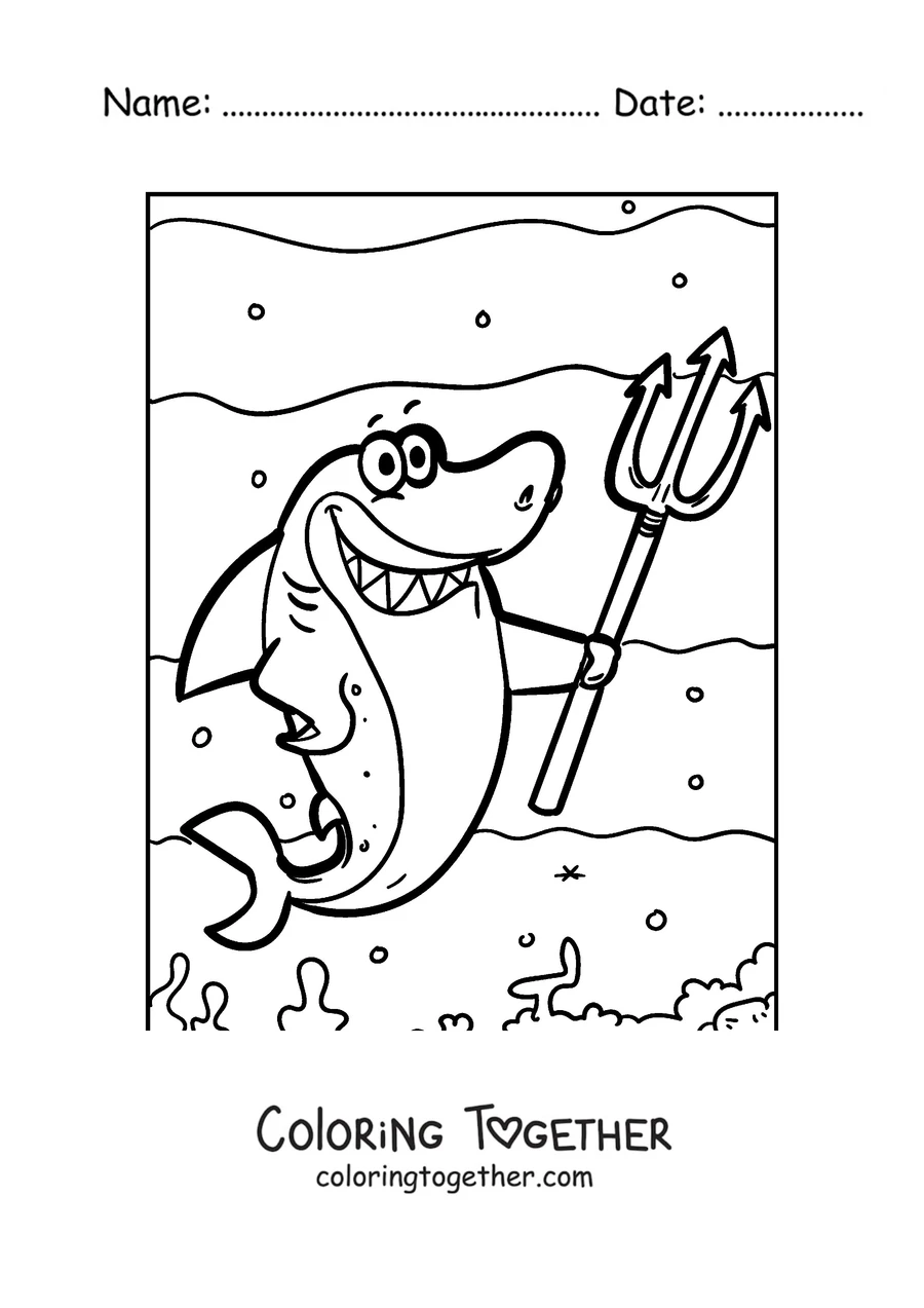 Coloring page of a shark holding a trident like a sea king