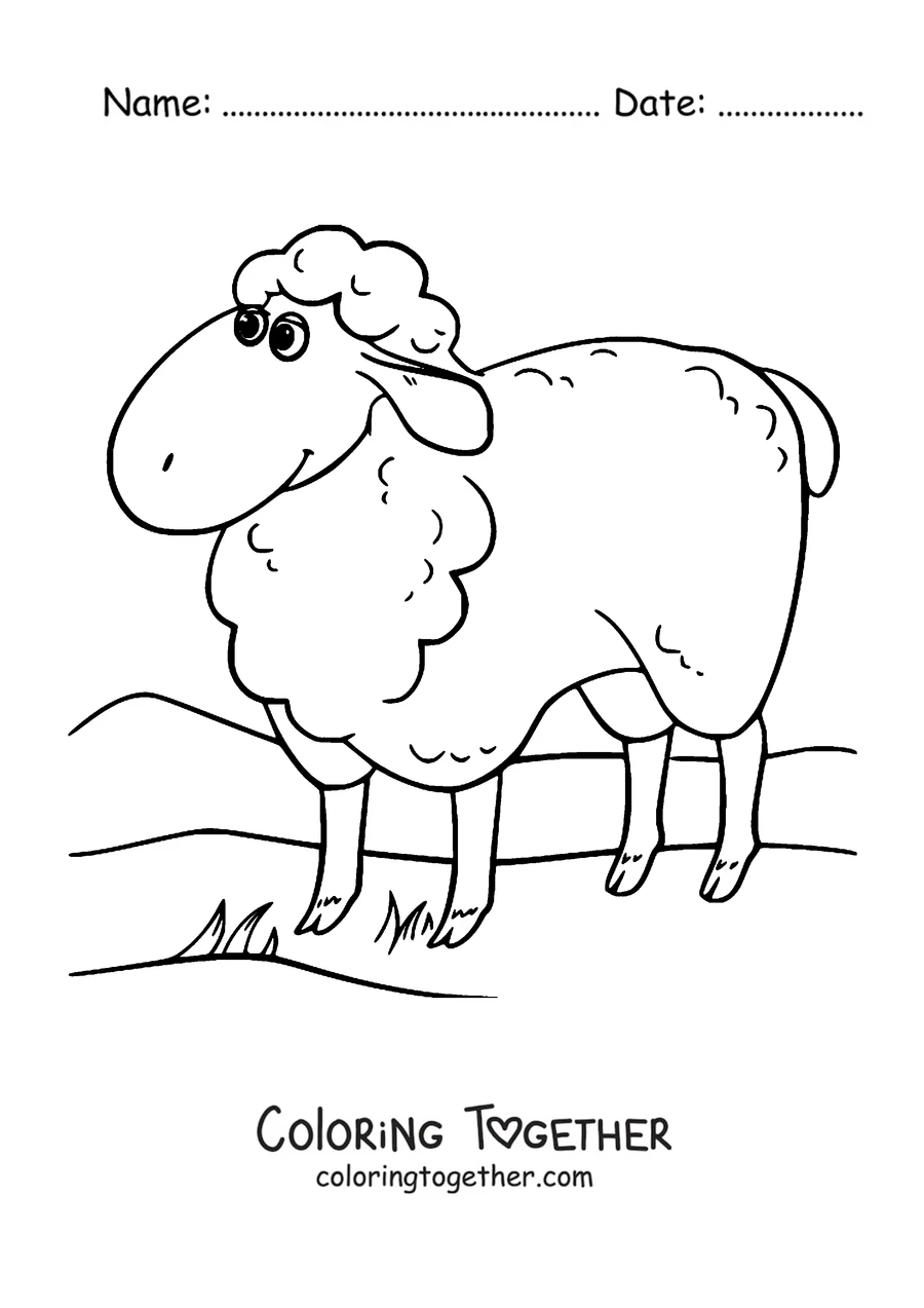Coloring page of sheep standing on the hill