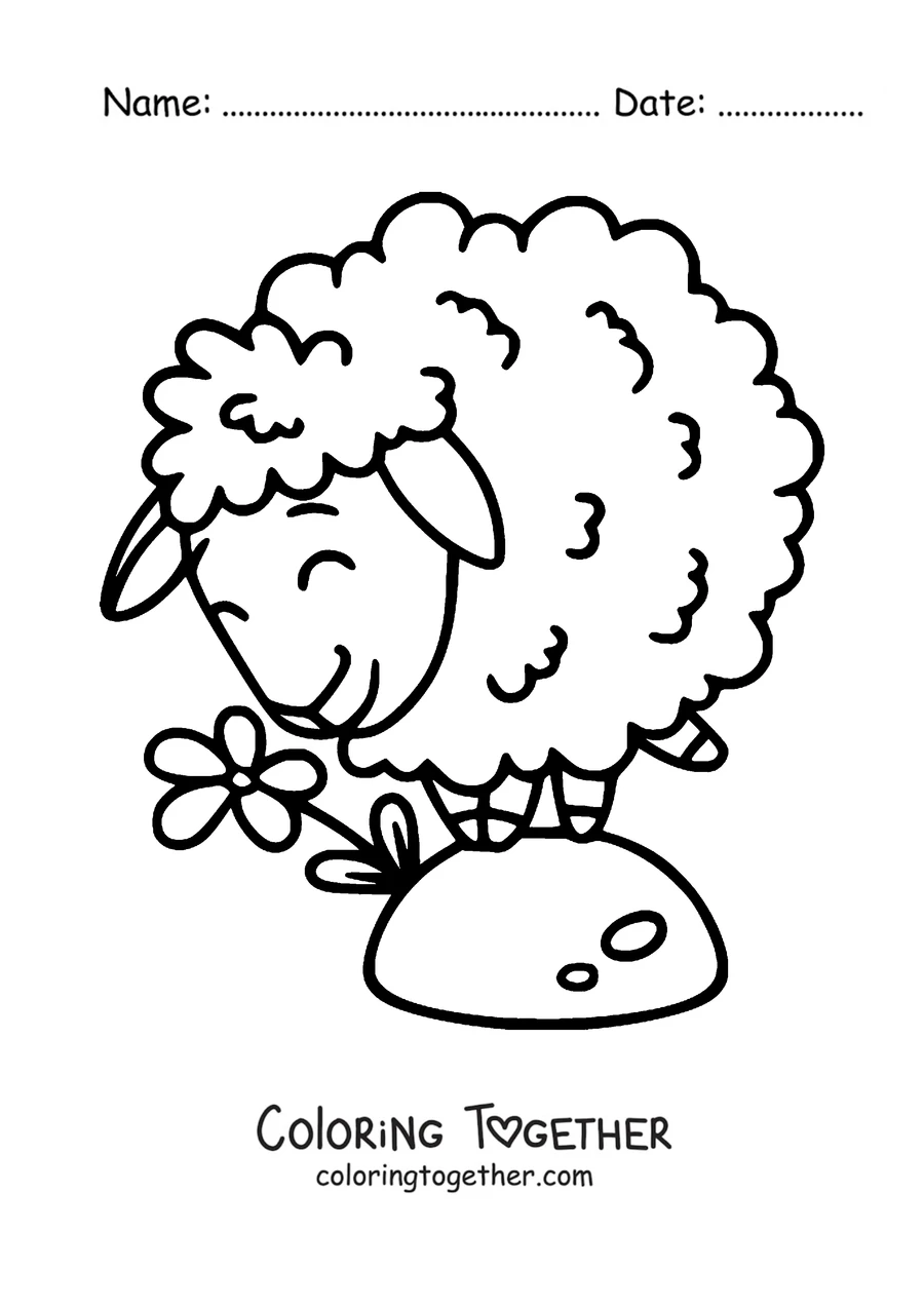 Coloring page of sheep smelling a flower
