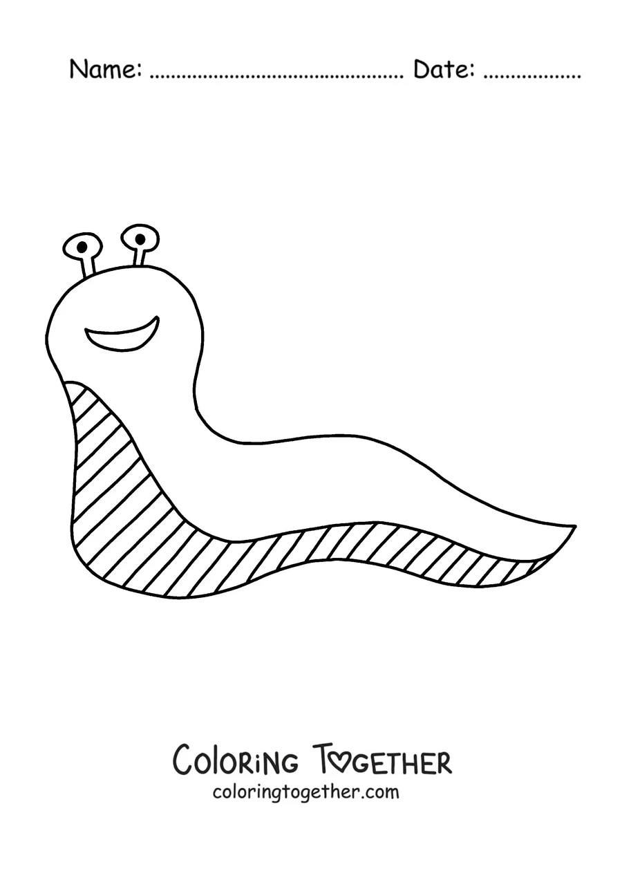Coloring page of a simple smiling slug with a striped belly