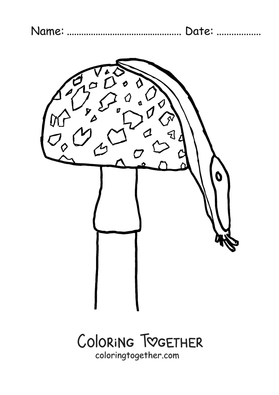 Coloring page of a slug draped over a spotted mushroom