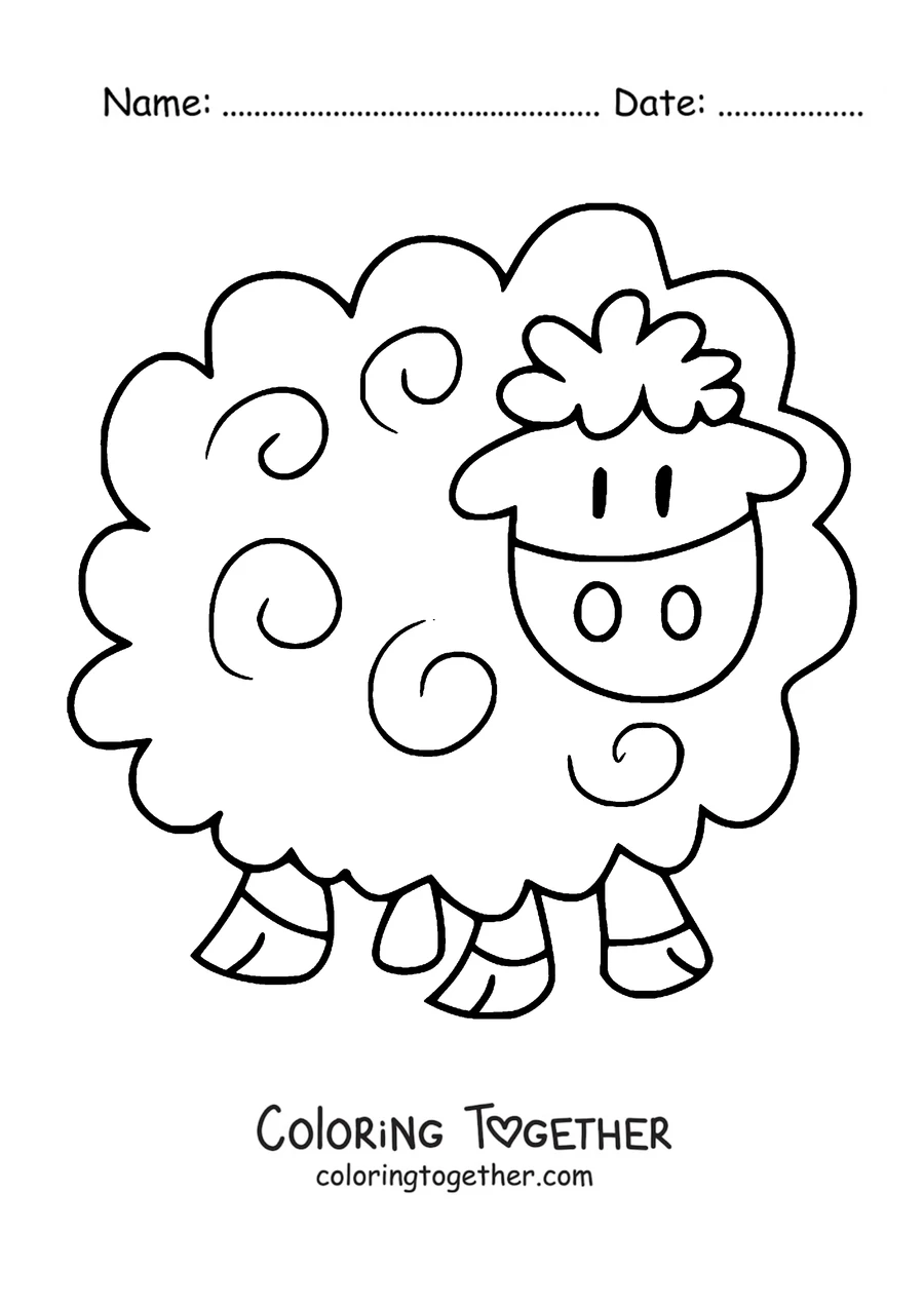 Coloring page of smiling cartoon sheep facing forward