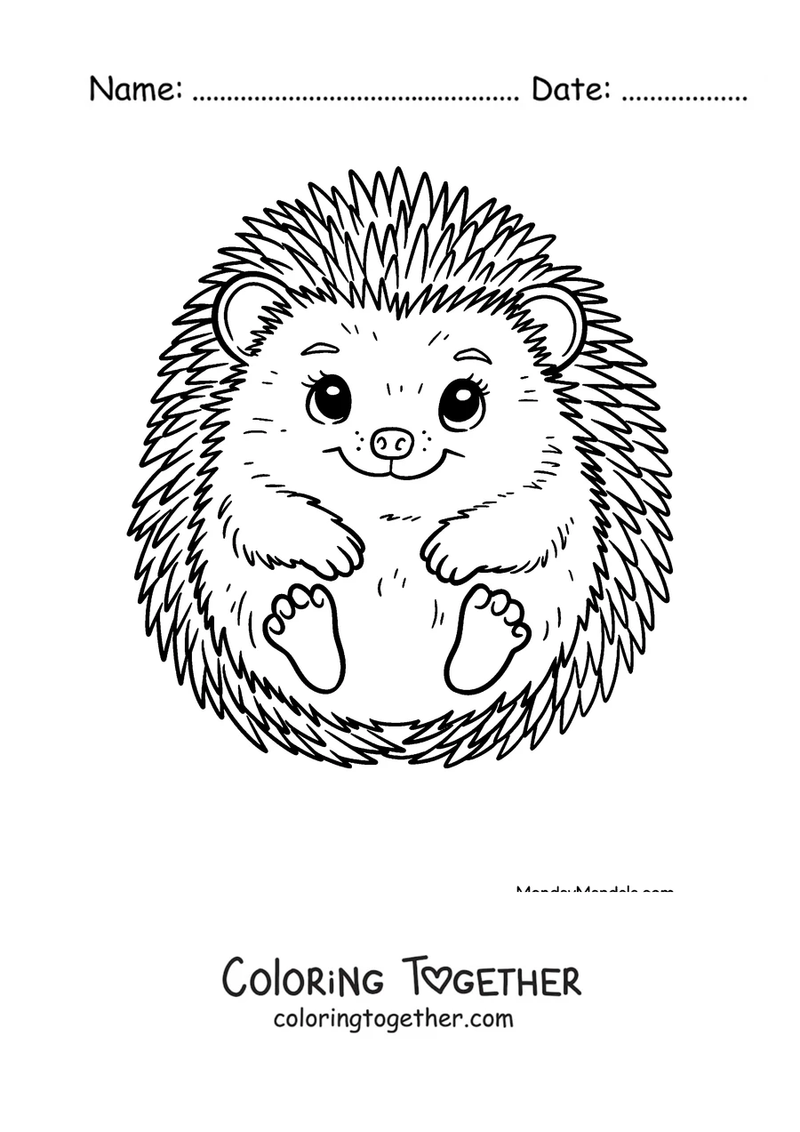 Coloring page of a smiling hedgehog sitting and facing forward