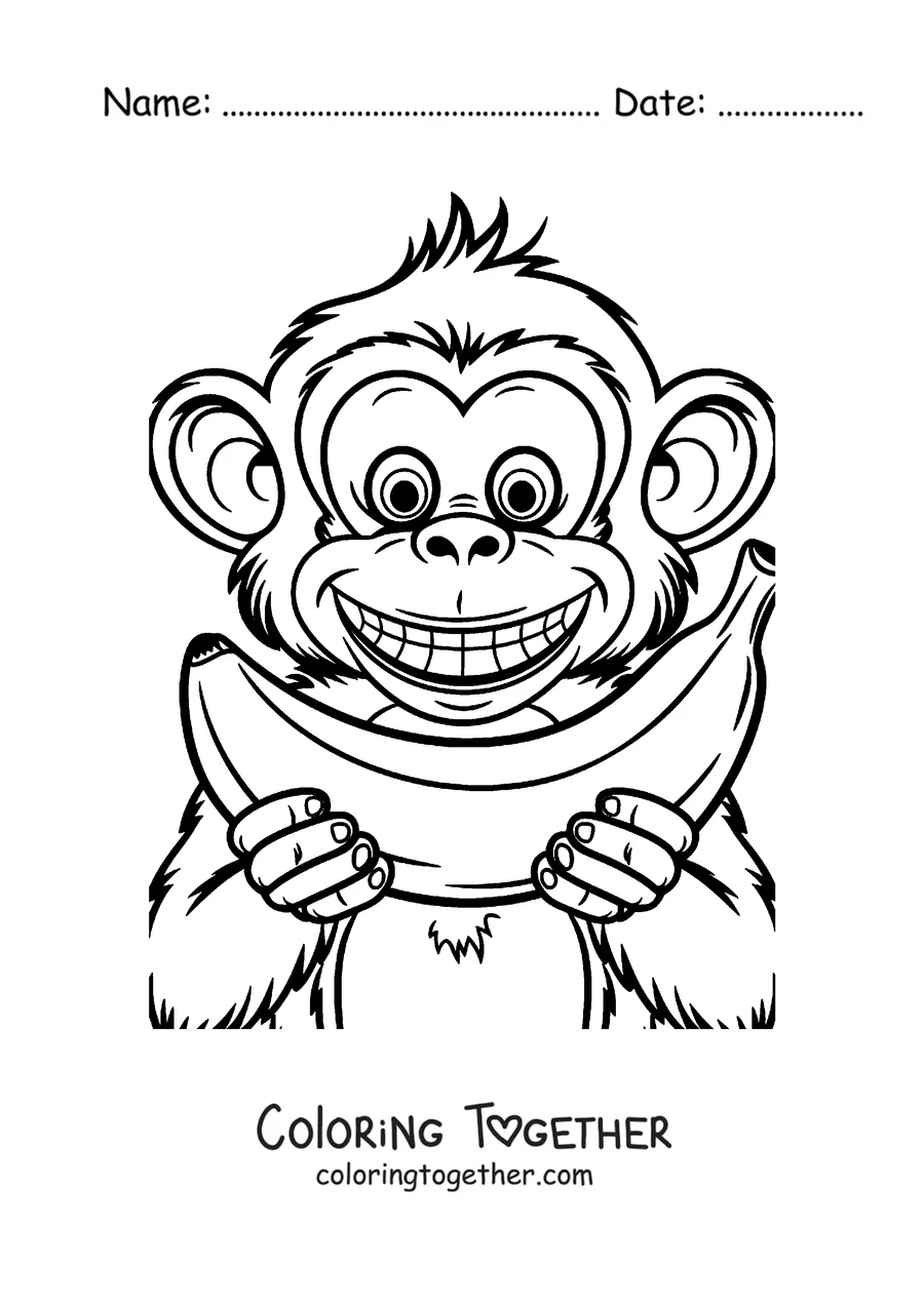 Coloring page of a smiling monkey eating a banana