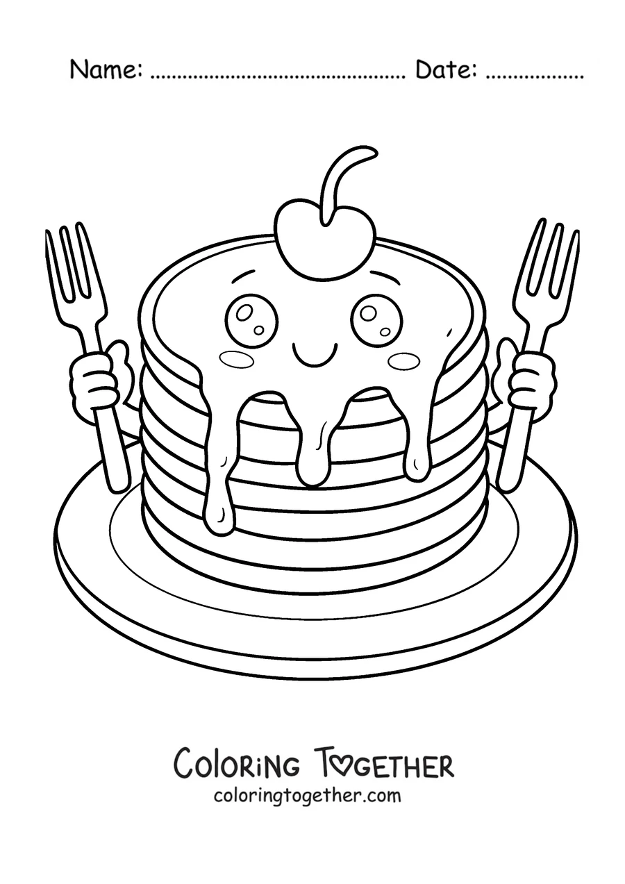 Coloring page of a smiling pancake with a cherry on top