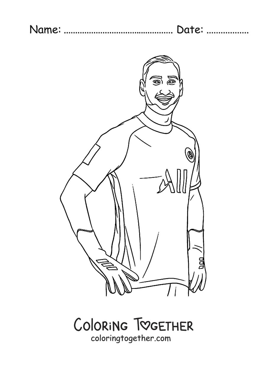 Coloring page of a PSG player smiling with his hands on his hips