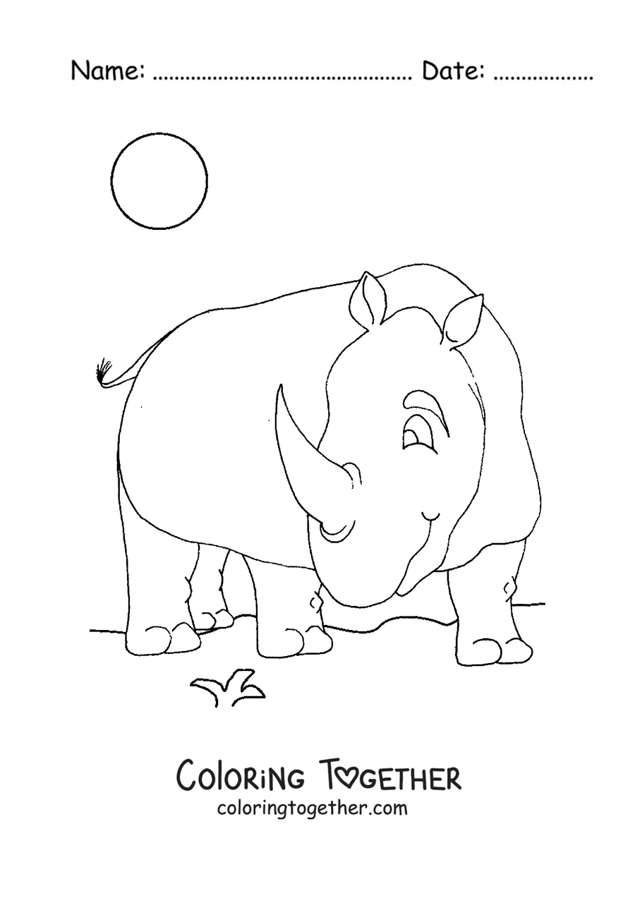 Coloring page of a smiling rhino under the sun