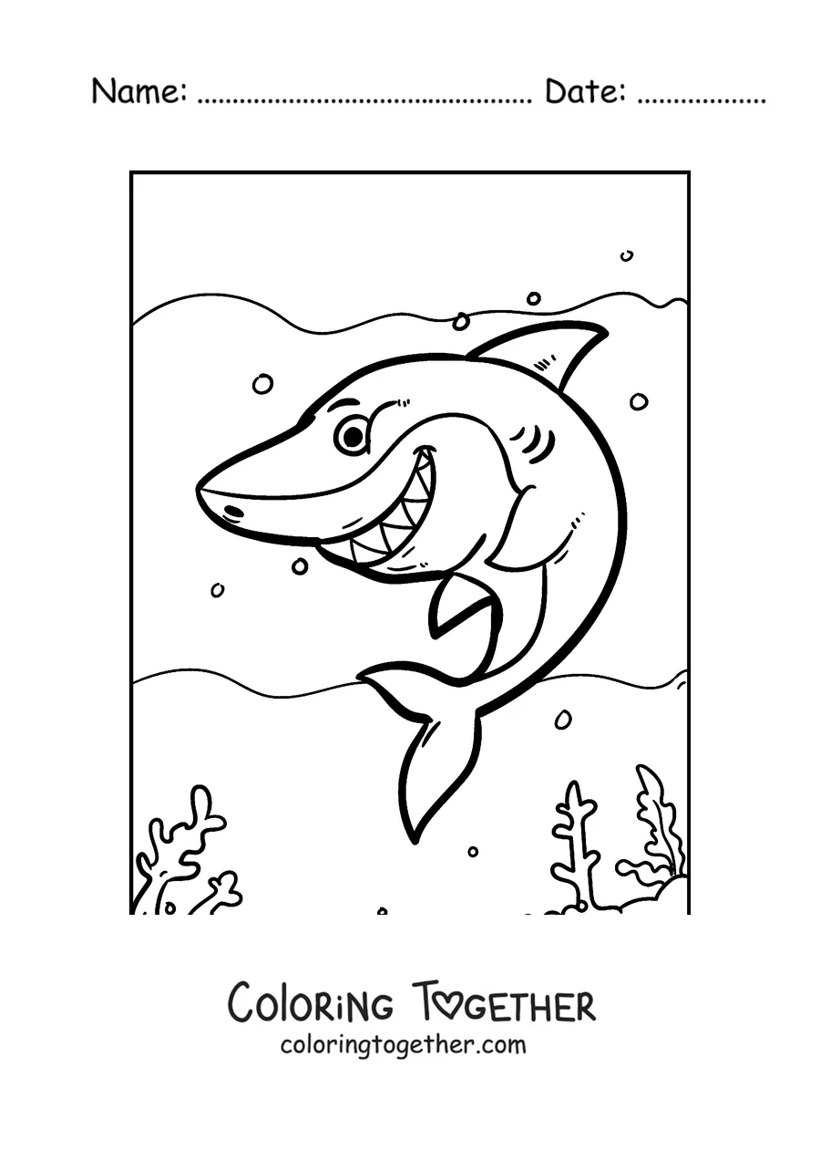 Coloring page of a smiling shark swimming among bubbles
